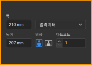 새로 만들기 대화상자 — 폭 210mm/높이 297mm 입력