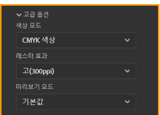 고급 옵션 — 색상 모드 CMYK, 래스터 효과 고(300ppi)