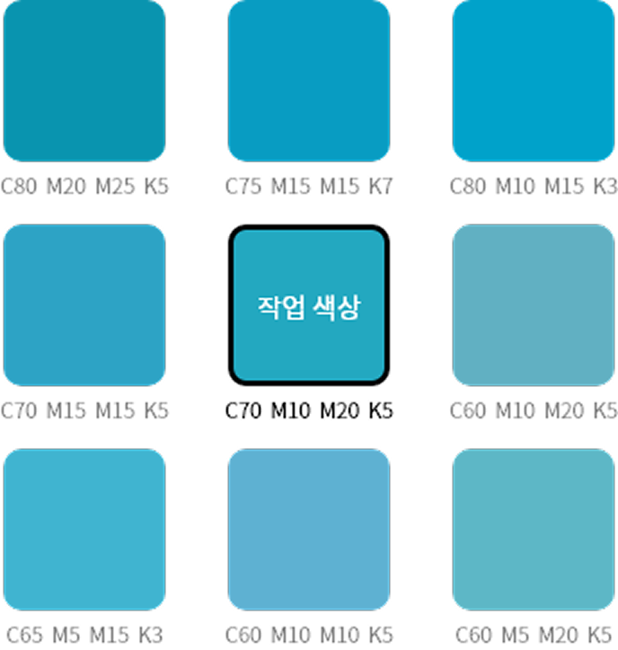 파란 계열 잉크 배합에 따른 색상 차이 — 작업 색상 C70 M10 M20 K5